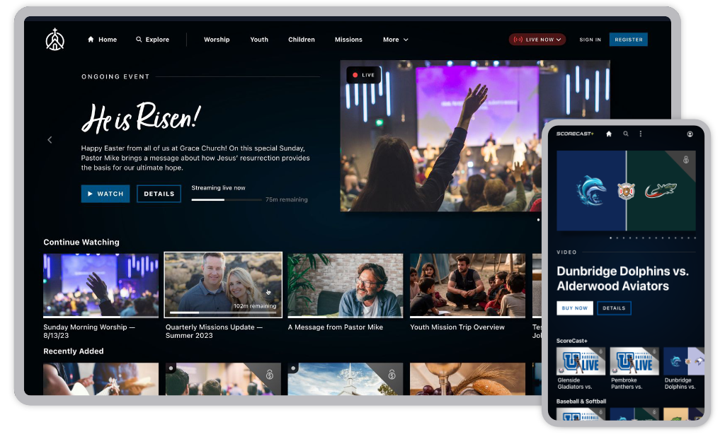 Custom-branded, video-on-demand streaming app desktop and mobile interface