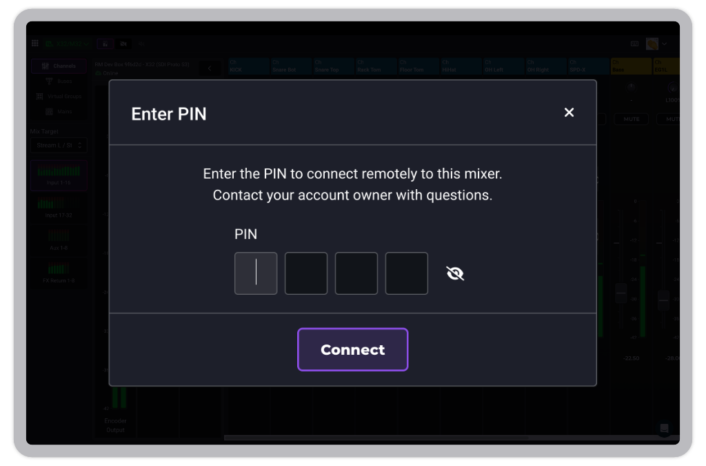 Entering a PIN to protect your mixer connection with RemoteMix