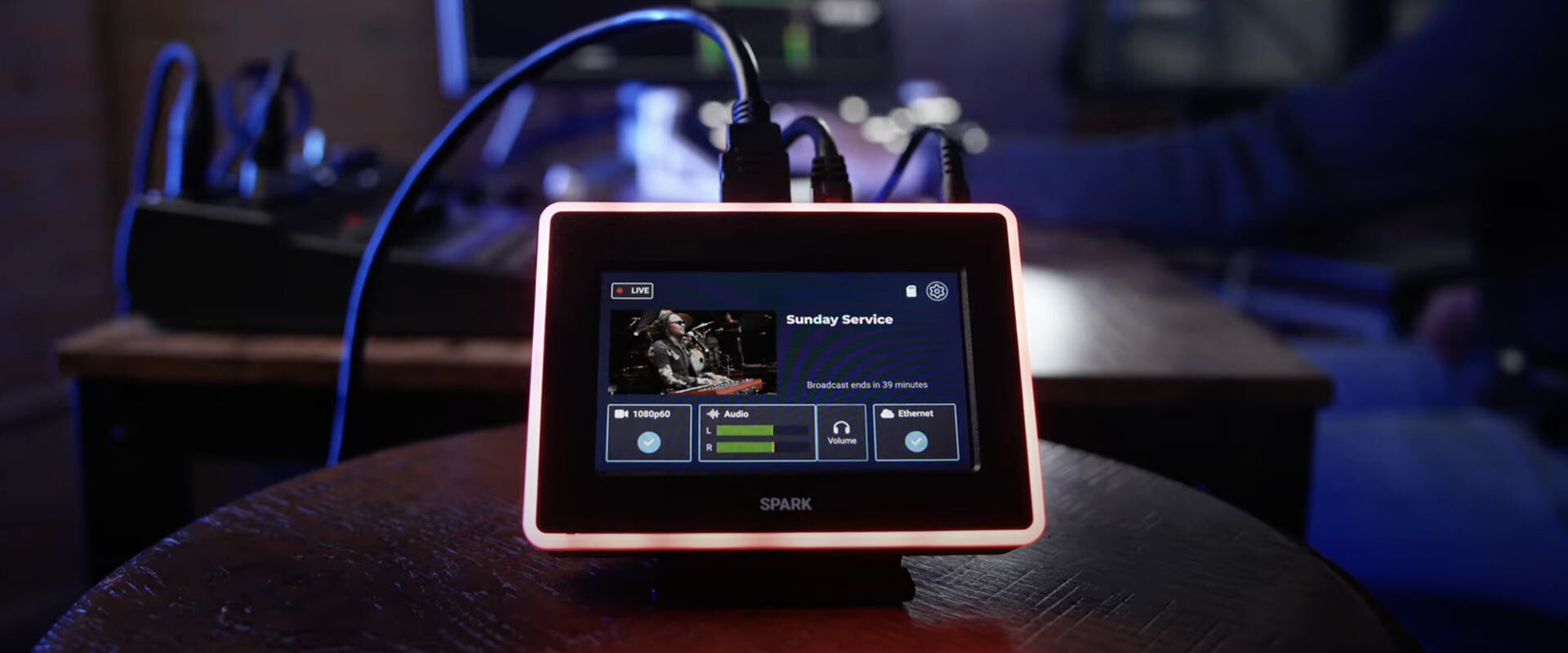 BoxCast Spark encoder in use with on-screen monitoring interface illuminated