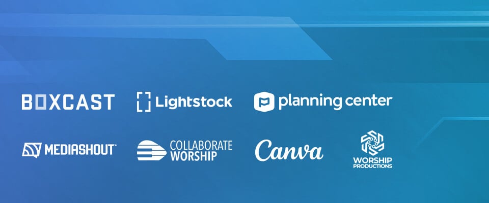 logo collage featuring BoxCast, Lightstock, Planning Center, MediaShout, Collaborate Worship, Canva, and Worship Productions